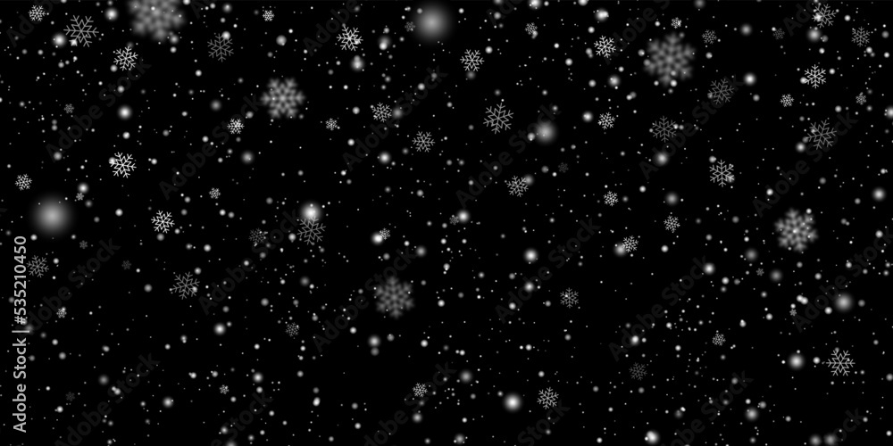 Falling winter snow snowflakes on black background. Vector