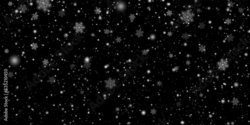 Falling winter snow snowflakes on black background. Vector