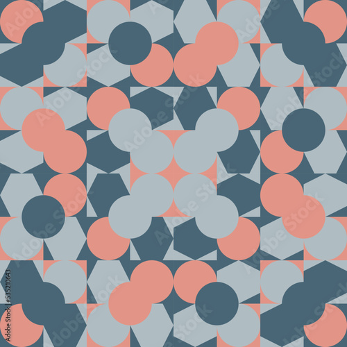 Using highlands-colored shade that composed of pink, grey and green to create geometric vector illustration of abstract seamless pattern for using as a wallpaper background.