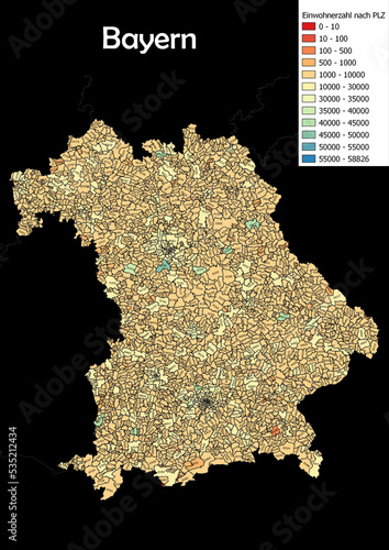 Deutschlandkarte Einwohnerzahl nach Postleitzahl Karte von Bundesland Bayern photo