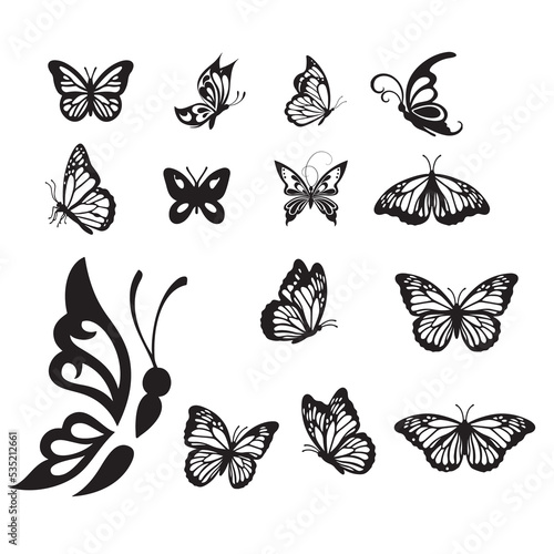 Silhouettes of butterflies. Black pictures of butterflies. Insect butterfly black silhouette, winged gorgeous animal, vector illustration