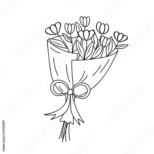 Bouquet of flowers in doodle style. Black and white vector illustration for coloring book.