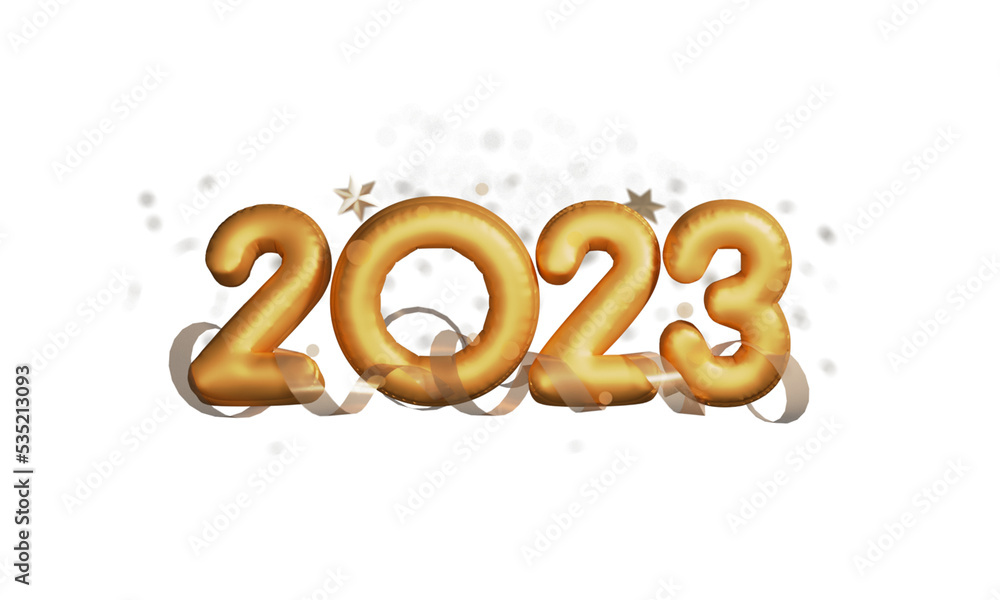 3D Golden Foil 2023 Number With Stars, Curl Ribbons Against White Background. 3D Golden Foil 2023 Number With Stars, Curl Ribbons Against White Background.