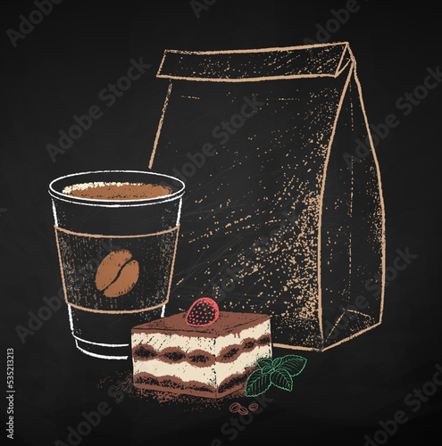 Coffee cup with Tiramisu and paper bag