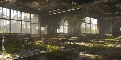 Abandoned cafe overgrown with vegetation. Illustration.