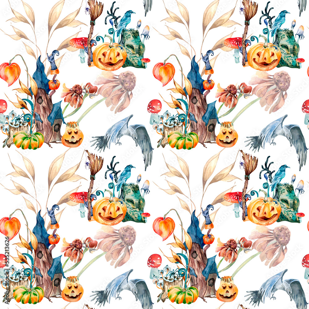 Colorful Halloween fairy house watercolor seamless pattern isolated on white.