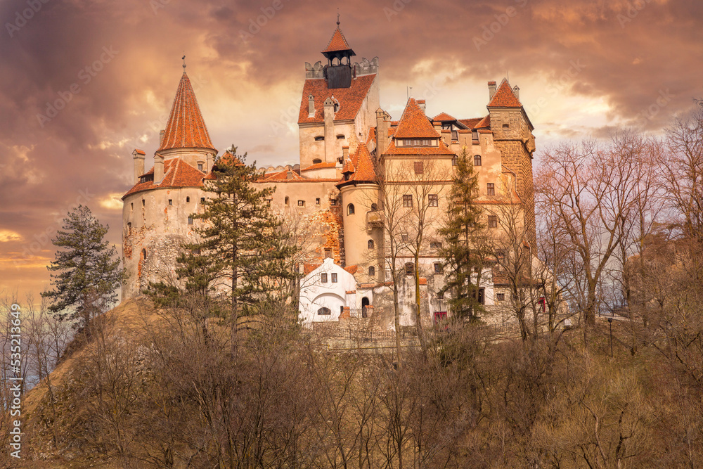 Dracula Bran medieval castle, sunset view, Romania