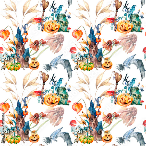Colorful Halloween fairy house watercolor seamless pattern isolated on white. © Katyalanbina@gmail 