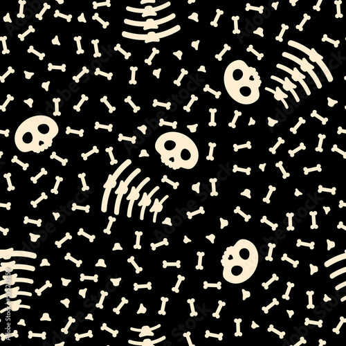 Cartoon funny skulls and bones Halloween seamless pattern on dark background