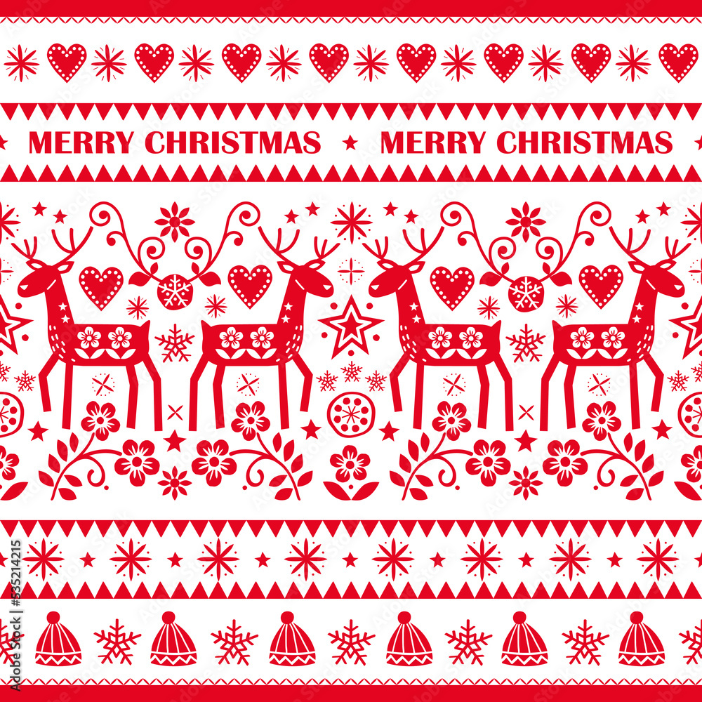 Merry Christmas folk art style vector seamless pattern with reindeer, flowers and stars, Scandinavian festive repetitive design perfect for greeting card, textile or fabric prints
Merry Christmas folk art style vector seamless pattern with reindeer, flowers and stars, Scandinavian festive repetitive design perfect for greeting card, textile or fabric prints