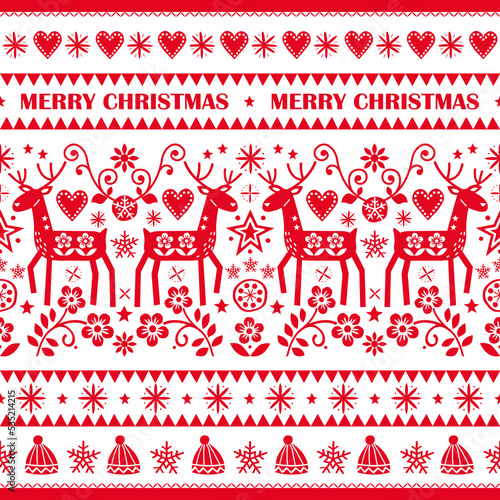 	
Merry Christmas folk art style vector seamless pattern with reindeer, flowers and stars, Scandinavian festive repetitive design perfect for greeting card, textile or fabric prints
