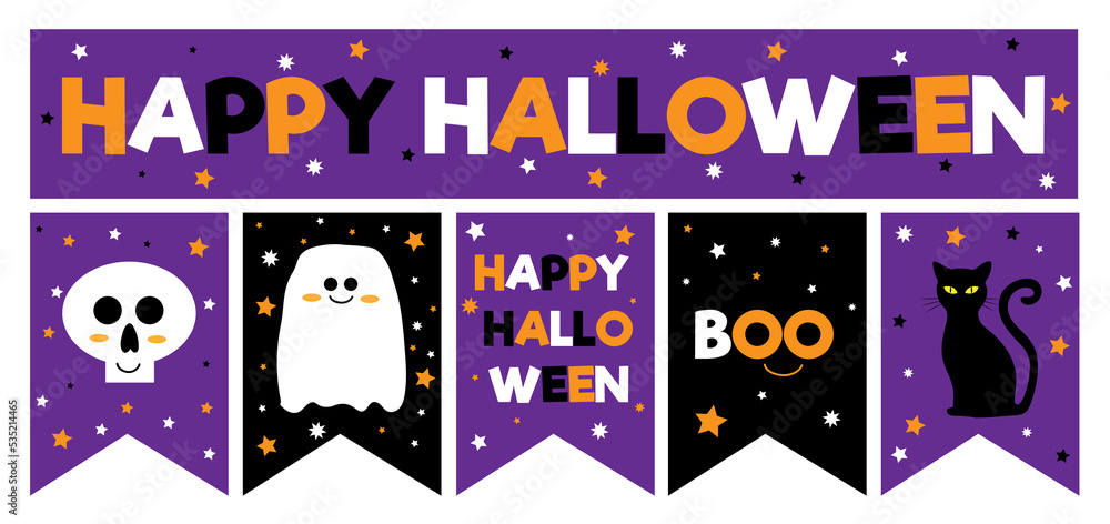 Funny hand-drawn vector garland for Halloween. White skull and ghost, black cat 