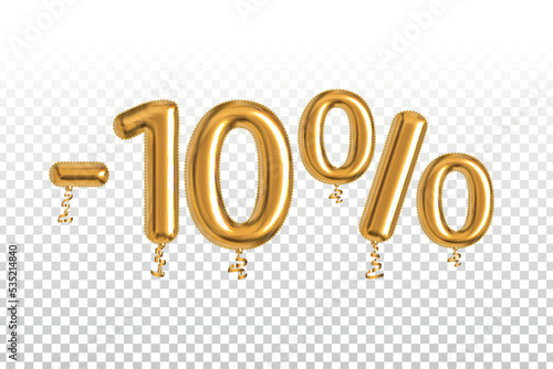 Vector realistic isolated golden balloon text of 10 percent off sale on the transparent background.