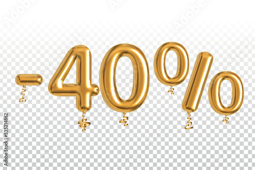 Vector realistic isolated golden balloon text of 40 percent off sale on the transparent background.