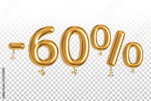 Vector realistic isolated golden balloon text of 60 percent off sale on the transparent background.