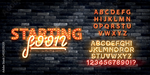 Vector realistic isolated retro marquee neon billboard with electric light lamps of Starting Soon logo with easy to change color alphabet font on the wall background.