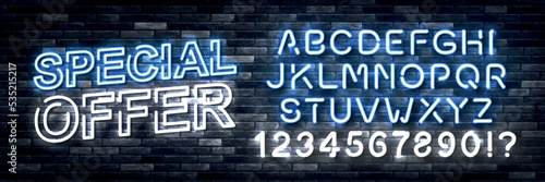 Vector realistic isolated neon sign of Special Offer text with easy to change color alphabet font on the wall background.
