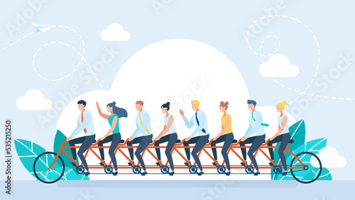 A team of specialists rides a large tandem bicycle. A big company. Teamwork. The team pedals on a tandem bicycle. Collective successful teamwork progress concept. Flat style. Vector illustration