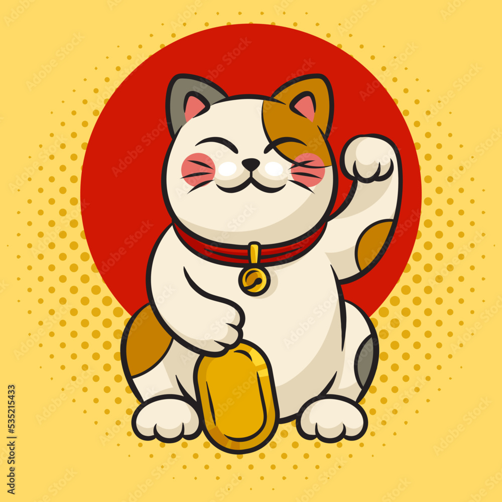 Maneki neko Japanese cat pinup pop art retro vector illustration. Comic book style imitation.