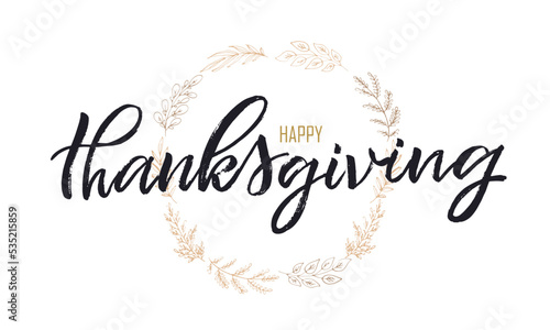 Happy thanksgiving day - Be thankful - cute hand drawn doodle lettering postcard. T-shirt design template with leaf.