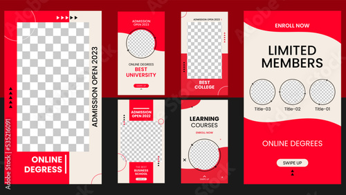 Education and online learning social media editable template design. Modern flat stories with red background.