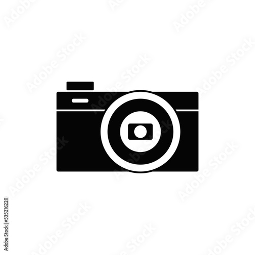 Compact pocket camera icon in black flat glyph, filled style isolated on white background