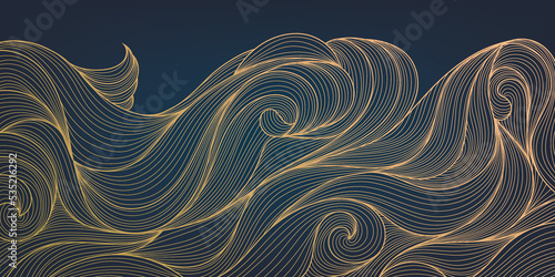 Vector abstract golden luxury pattern, wave lines background. Line arts wallpaper. Wavy art deco texture for print, fabric, packaging design. Sea, ocean, landscape art in japanese style.