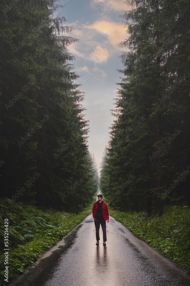 Man in a black and red shirt and a cap breathes fresh and healthy air. Relieved from the stress of work. A man walking through a spruce forest