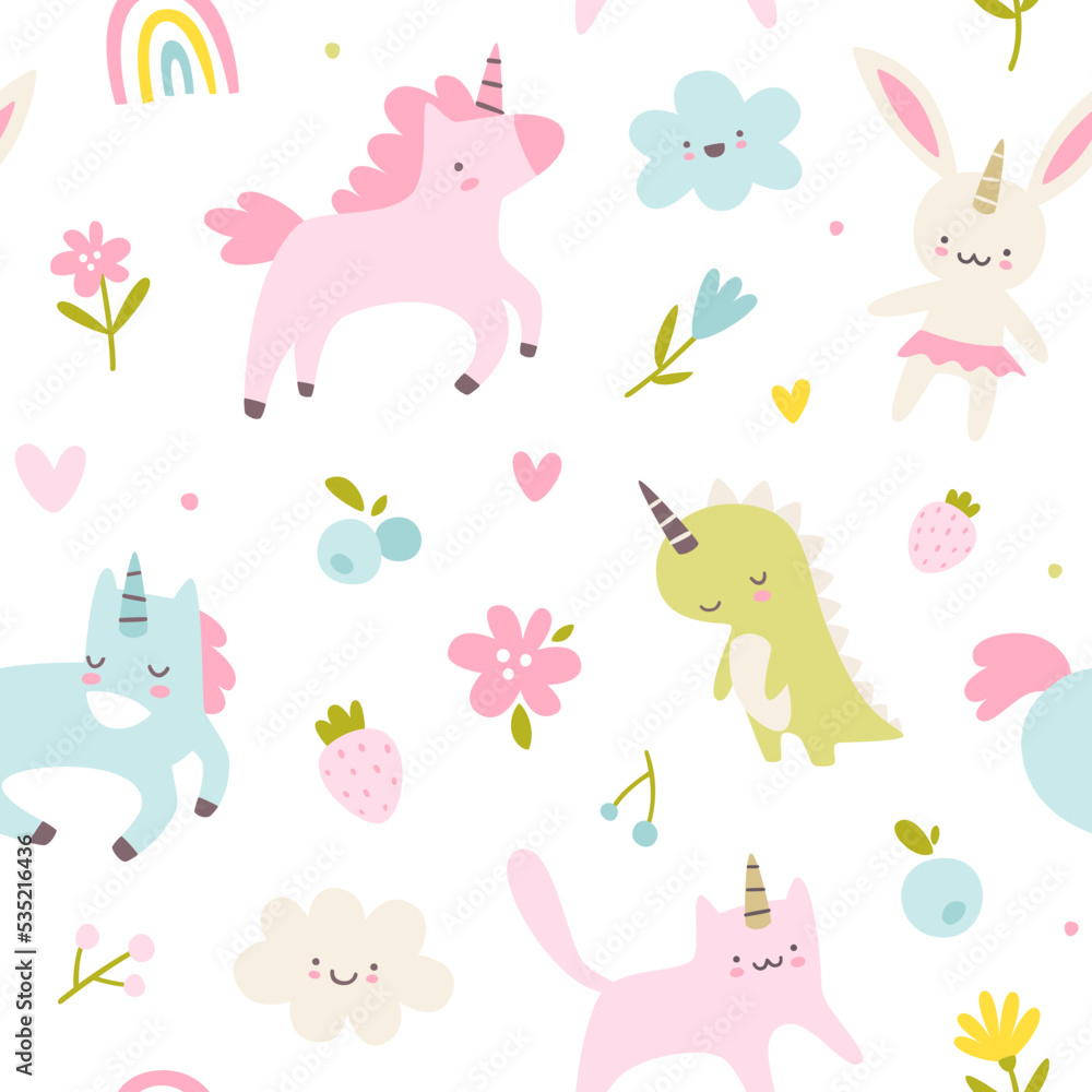 Unicorn animals cute baby pattern. Seamless vector girly print for textile and nursery. Unicorn animals cute baby pattern. Seamless vector girly print for textile and nursery.