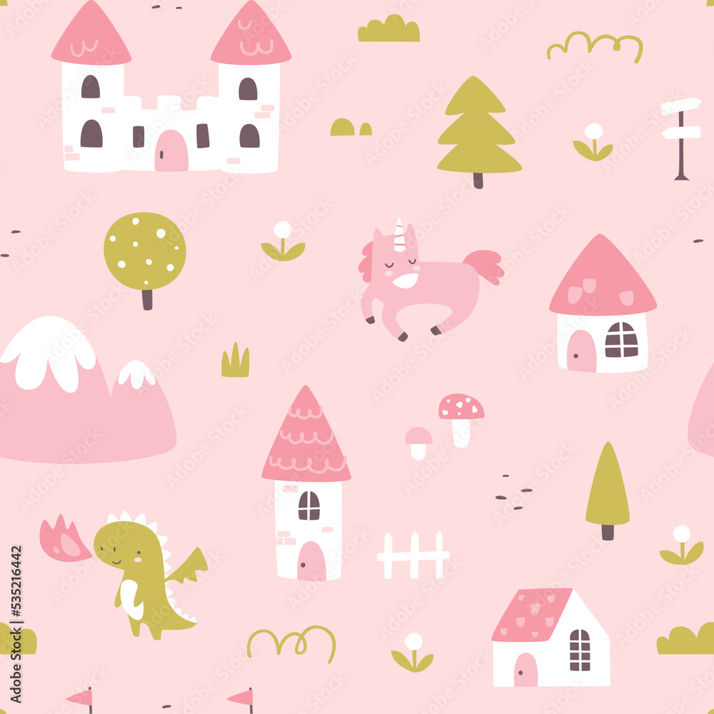 Fantasy pink kingdom pattern. Fairytale map seamless vector print for girls textile and fabric.