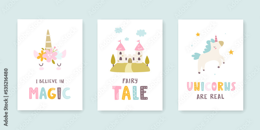 Fairytale poster set with castle and unicorn. Fantasy prints collection for baby girl nursery wall art.