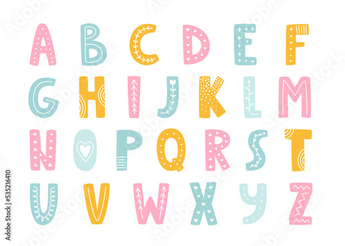 Cute girly alphabet in scandinavian style. Doodle typeface characters collections. Set of baby vector decorative letters.