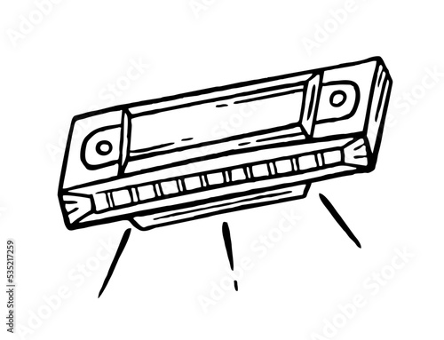 Harmonica musical instrument style hand drawn. Vector black and white doodle illustration