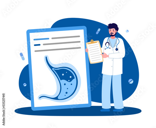 Male medical worker. Gastroenterologist with a tablet. The concept of medicine and health. Vector illustration in a flat style on a blue background