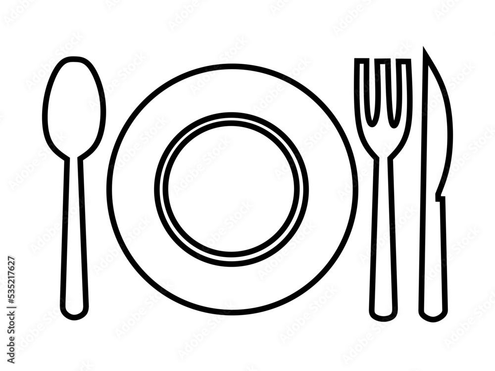 Set of fork, knife, spoon and plate icons. Flat style cutlery set. Dinner service collection. Plates, forks and knives Set of fork, knife, spoon and plate icons. Flat style cutlery set. Dinner service collection. Plates, forks and knives