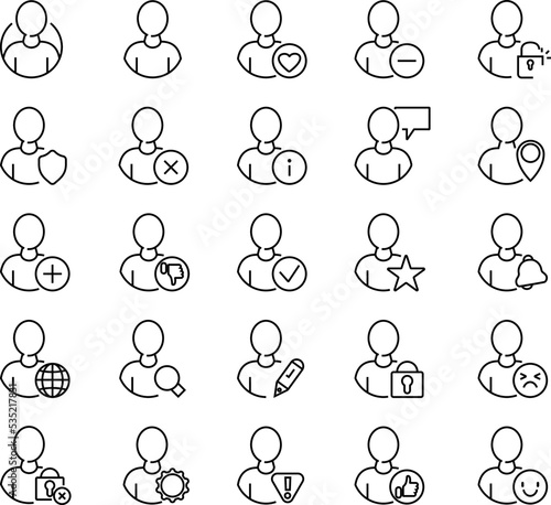 Set of outline icons about users, internet personality, user interface. Simple symbols with black color contour. Vector illustration. EPS 10