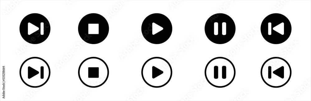 Media player icon set. Music player icon set. Media player icon collection. Play and pause buttons sign. Play and pause buttons symbol. Vector illustration. Media player icon set. Music player icon set. Media player icon collection. Play and pause buttons sign. Play and pause buttons symbol. Vector illustration.