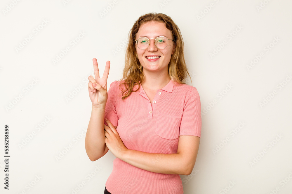 Young caucasian woman isolated on white background showing number two with fingers. Young caucasian woman isolated on white background showing number two with fingers.