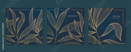 Vector set of gold line leaf cards, square luxury design patterns, borders, frames. Use for package, social net post, invitations, banners, flyers, labels