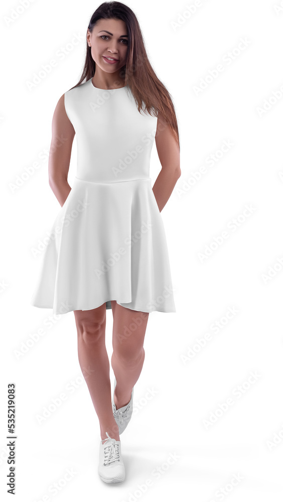 Mockup of a white wave dress on a girl, png, front view, isolated on background.