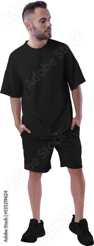 Black oversize t-shirt mockup, shorts, png, on a guy in sneakers, isolated on background, front.