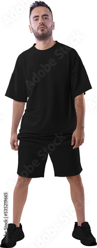 Black oversize t-shirt mockup, shorts, png, on a guy in sneakers, isolated on background, front.