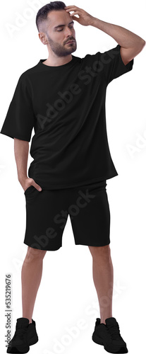 Black oversize t-shirt mockup, shorts, png, on a guy in sneakers, isolated on background, front.