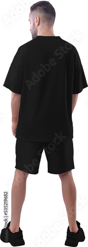 Black oversize t-shirt mockup, shorts, png, on a guy in sneakers, isolated on background