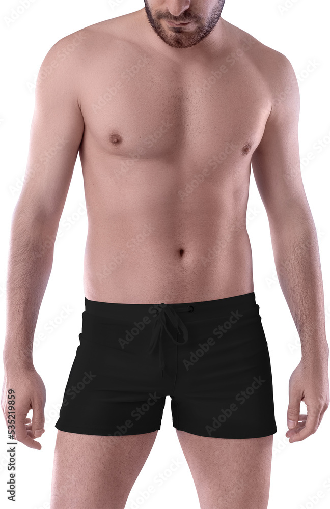 Mockup of black boxers, png, on guy, front, shorts isolated on background. Mockup of black boxers, png, on guy, front, shorts isolated on background.