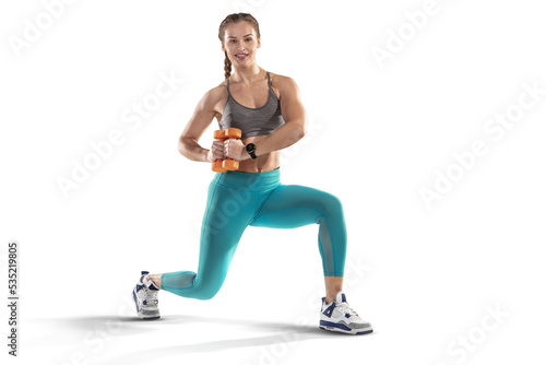 Beautiful woman at the gym doing fitness exercises. Sports transparent background. 	
