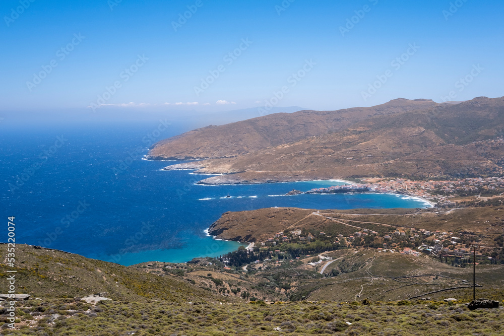 Panoramic view of Andros, beautiful island in the Cyclades, Greece