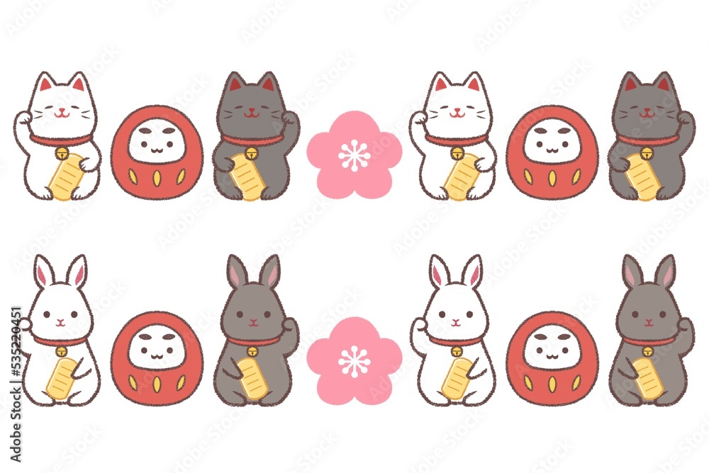 Obraz premium 招き猫と招きウサギとダルマと梅の花ラインセット