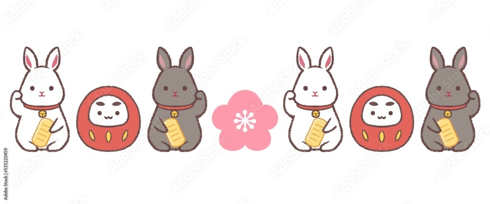 招きウサギとダルマと梅の花ライン