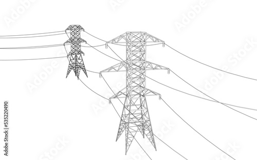 Outline of power line towers from black lines isolated on white background. 3D. Vector illustration.